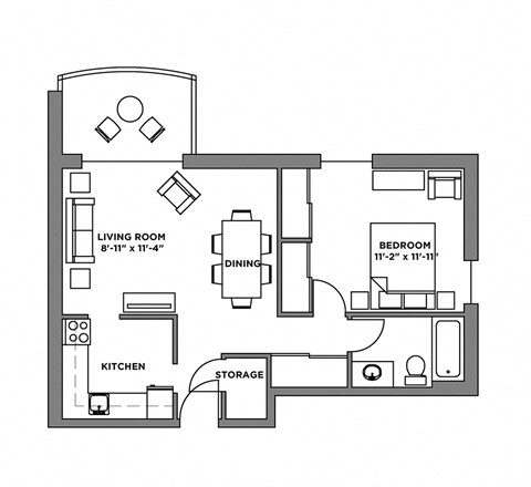Floor plan for 1 bed, 1 bath, 620 sqft